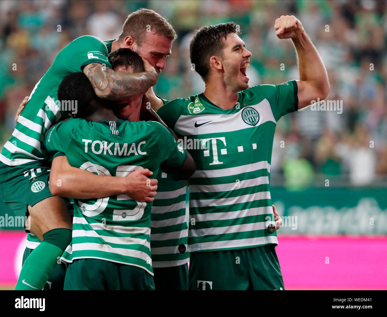 Teammates of Ferencvarosi TC celebrate after the UEFA Europa