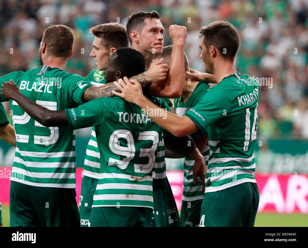 Teammates of Ferencvarosi TC celebrate after the UEFA Europa