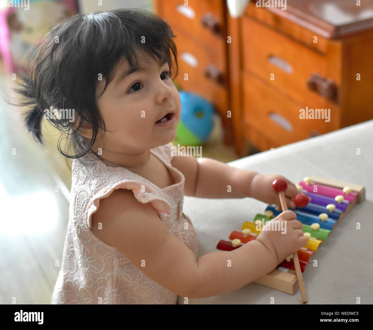 Cute baby girl playing music on toy xylophone Stock Photo Alamy