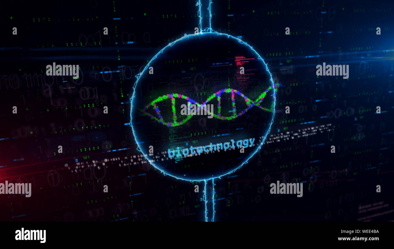 Biotechnology DNA helix hologram in dynamic electric circle on digital background. Modern concept of bioinformatics, science, biology, chemistry and r Stock Photo
