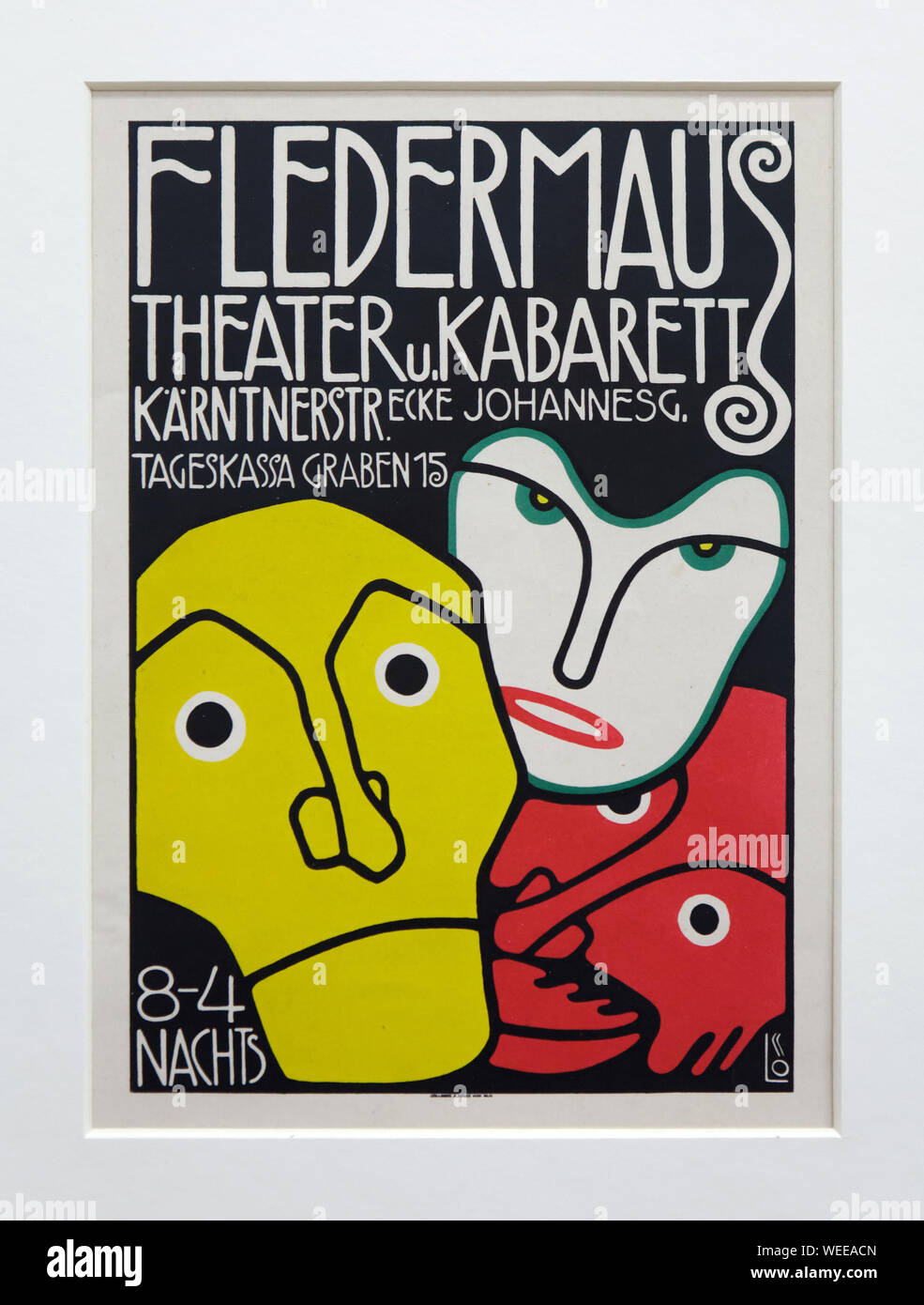 Poster for the opening of the Cabaret Fledermaus designed by Austrian modernist artist Bertold Löffler (1907) on display in the Leopold Museum in Vienna, Austria. Stock Photo