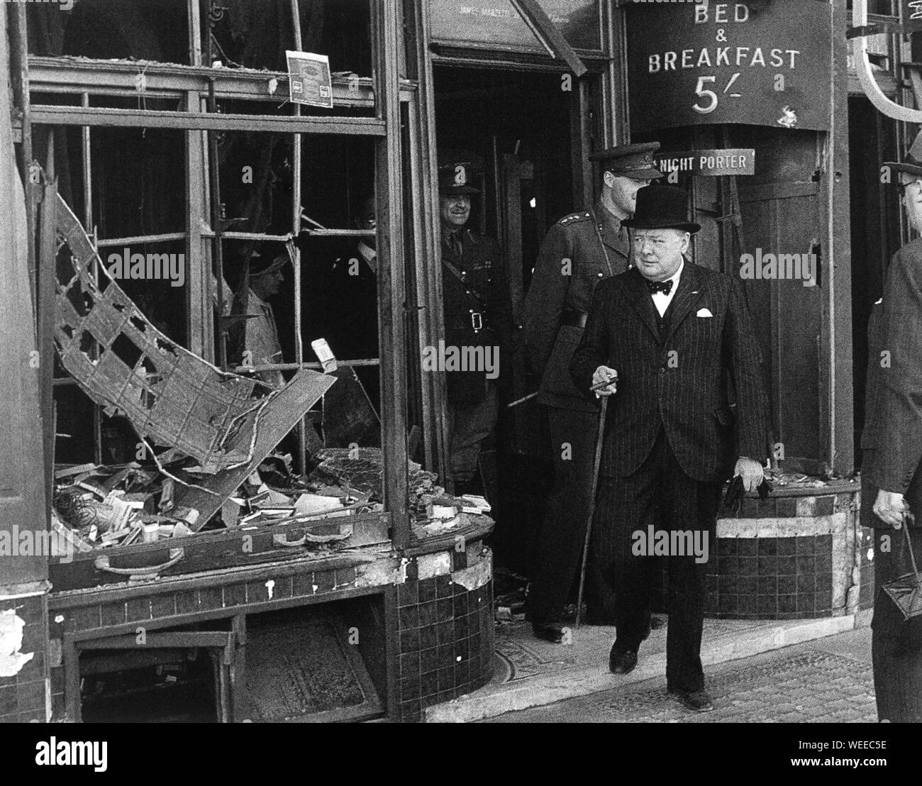 Winston Churchill inspecting bomb damage in Ramsgate, Kent. 24th August 1940.  His son-in-law Duncan Sandys  is also in the photograph Stock Photo