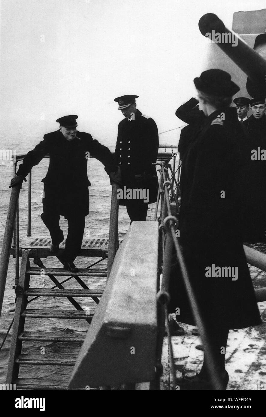 Winston Churchill  leaves the battleship commanded by Admiral Jack Tovey. January 1941. Stock Photo