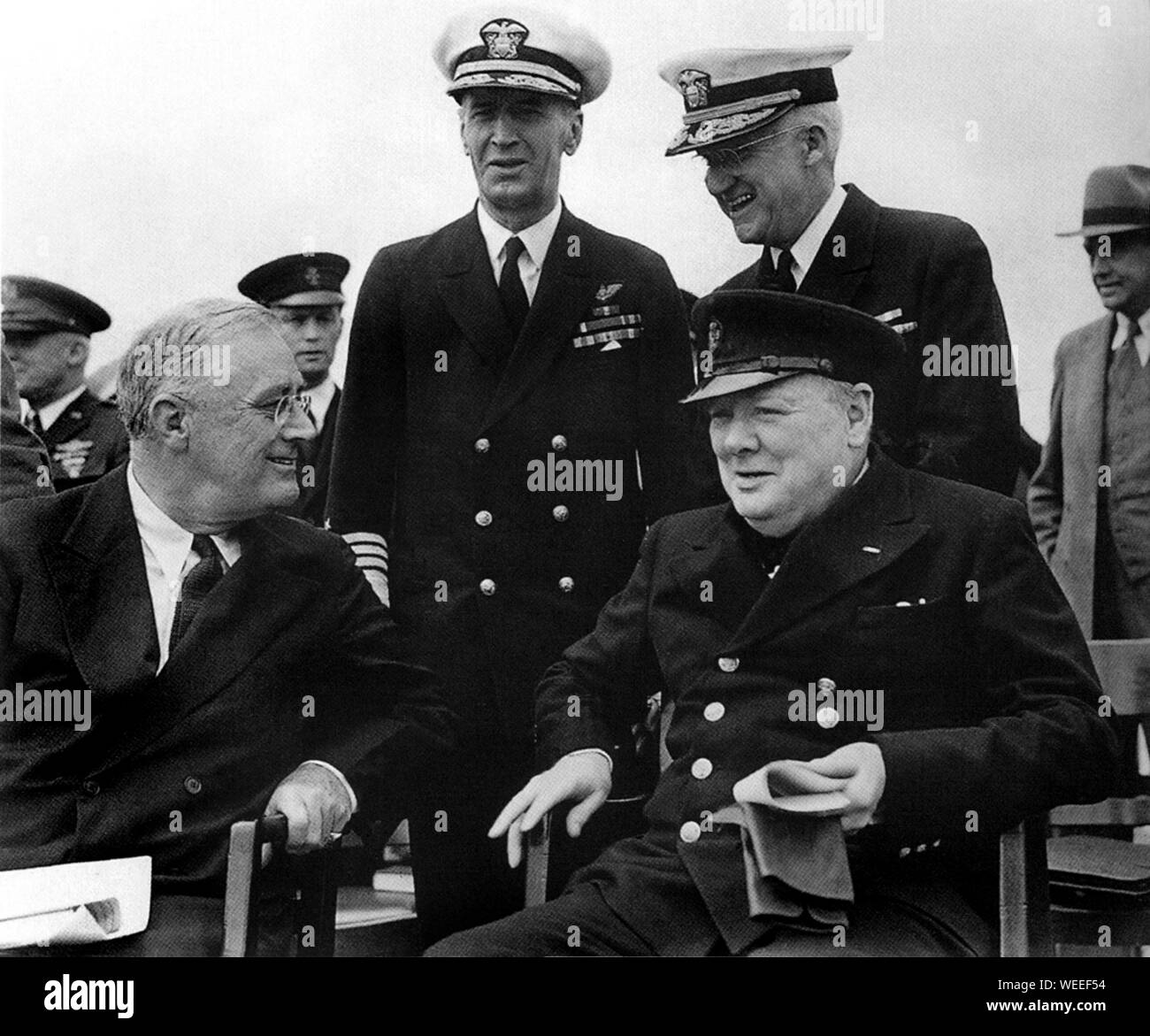 Winston Churchill aboard HMS Prince of Wales on visit to Newfoundland for meeting with President Roosevelt. August 1941. Stock Photo