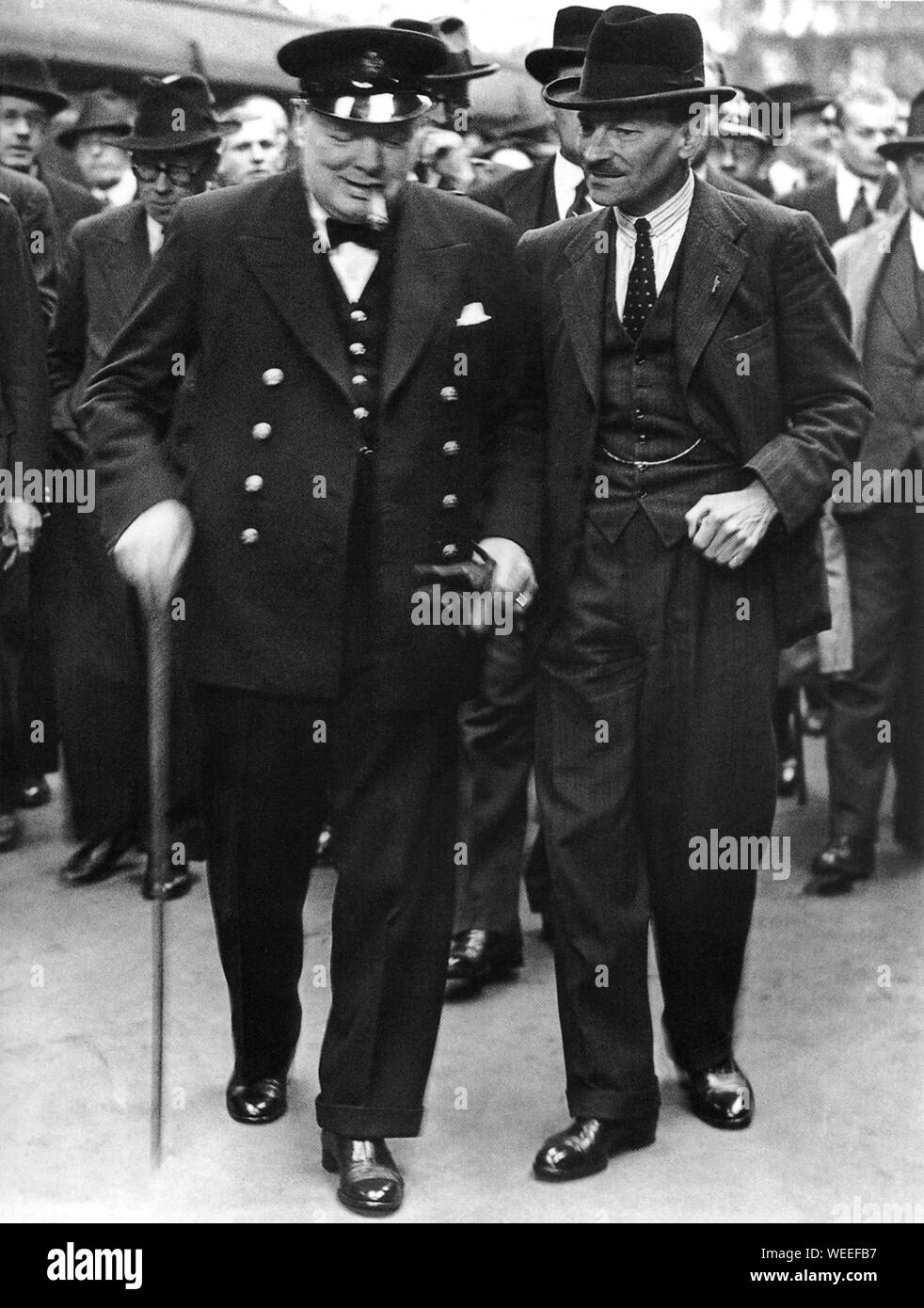 Winston Churchill on his return from  Newfoundland is greeted by Lord Privy Seal, Clement Atlee. August 1941 Stock Photo