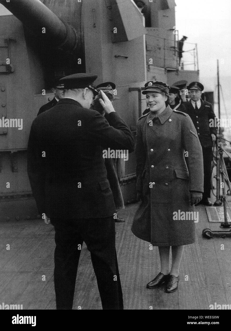 Winston Churchill with his daughter Mary aboard HMS Duke of York en route to the U.S. for his second wartime meeting with Roosevelt.13th December 1941 Stock Photo