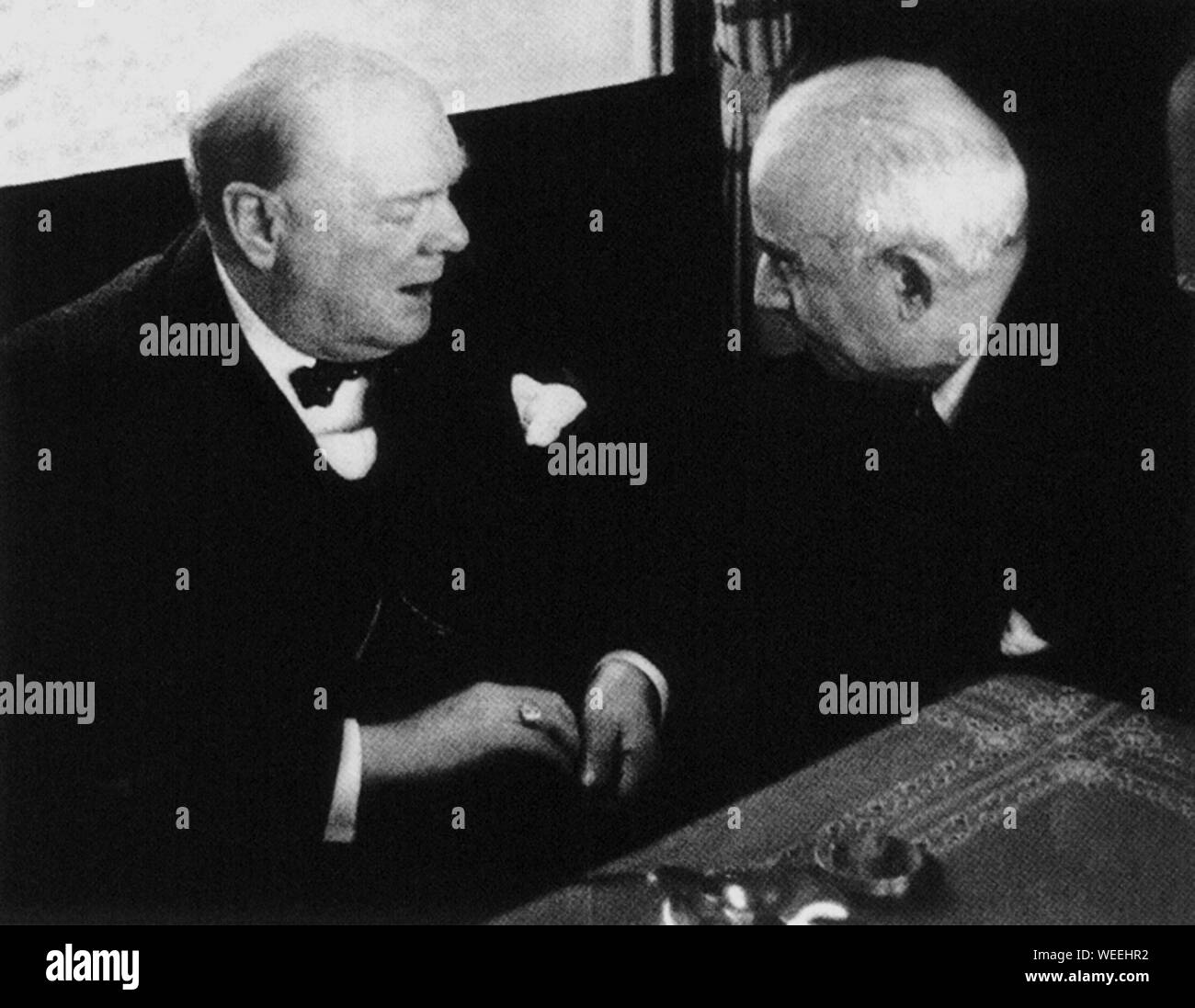 Winston Churchill with Turkish President Ismet Inonu at a meeting in Southern Turkey.30th January 1943 Stock Photo