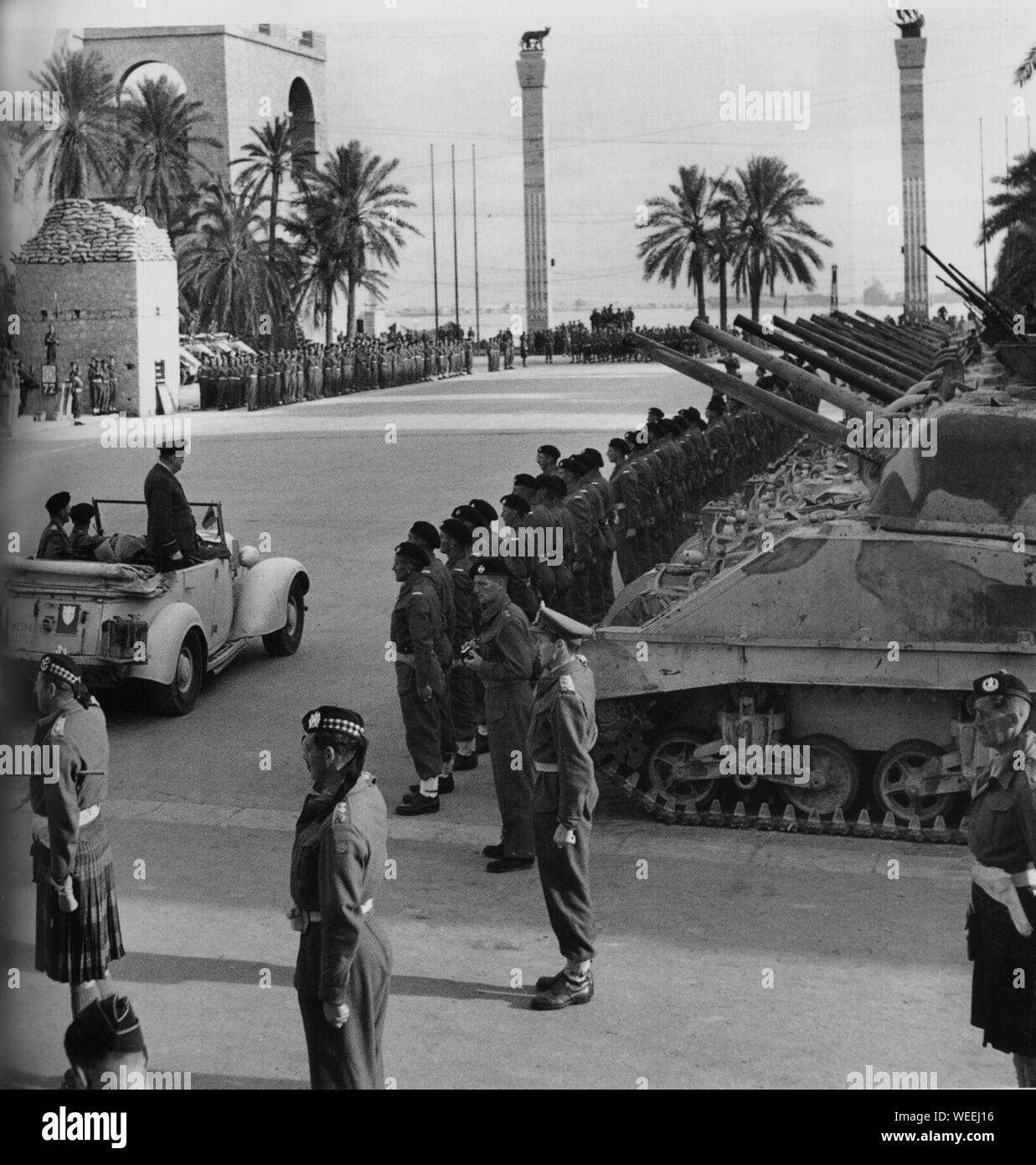 Winston Churchill reviewing the troops in Tripoli. February 1943 Stock Photo