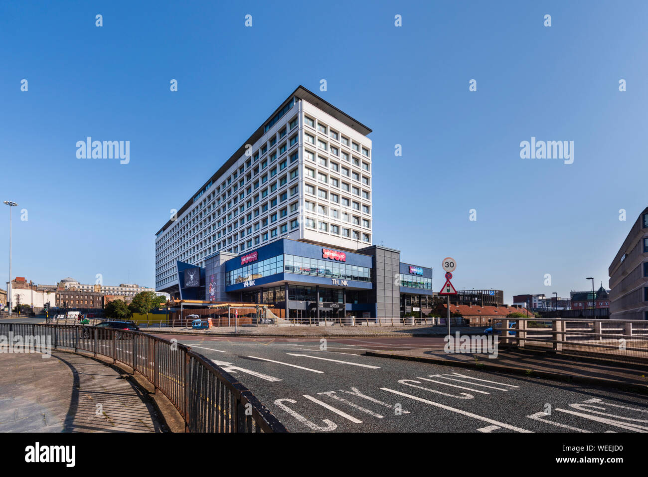 55 Degrees North commercial & apartment block formerly Swan House  stands on a roundabout and over the Central Motorway A167  in Newcastle upon Tyne Stock Photo