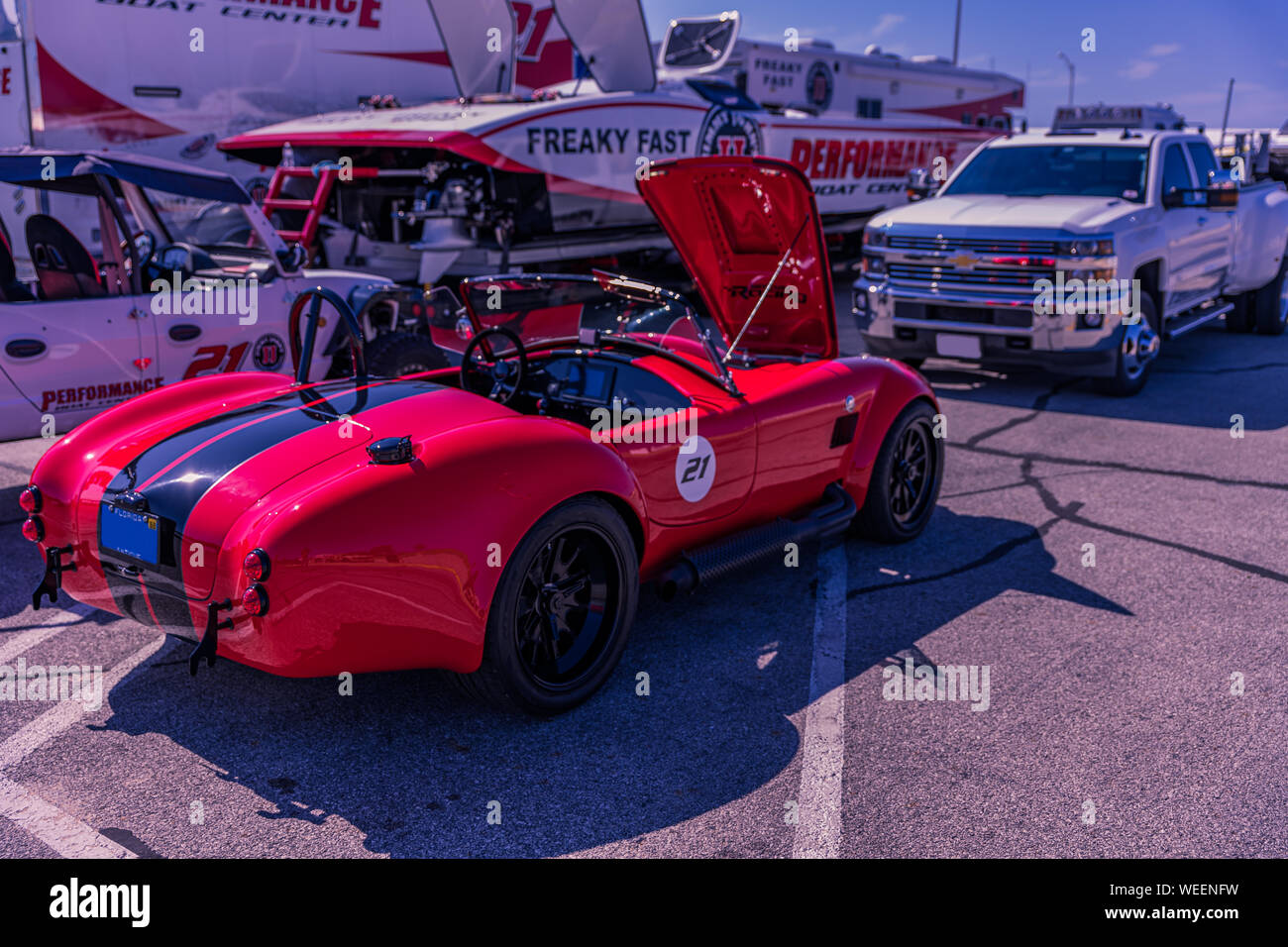 2019 Super boat Great Lakes Grand Prix Day 1 Dry Pits Close up shot of a Red Ford AC Cobra on display for the Car Show. Stock Photo