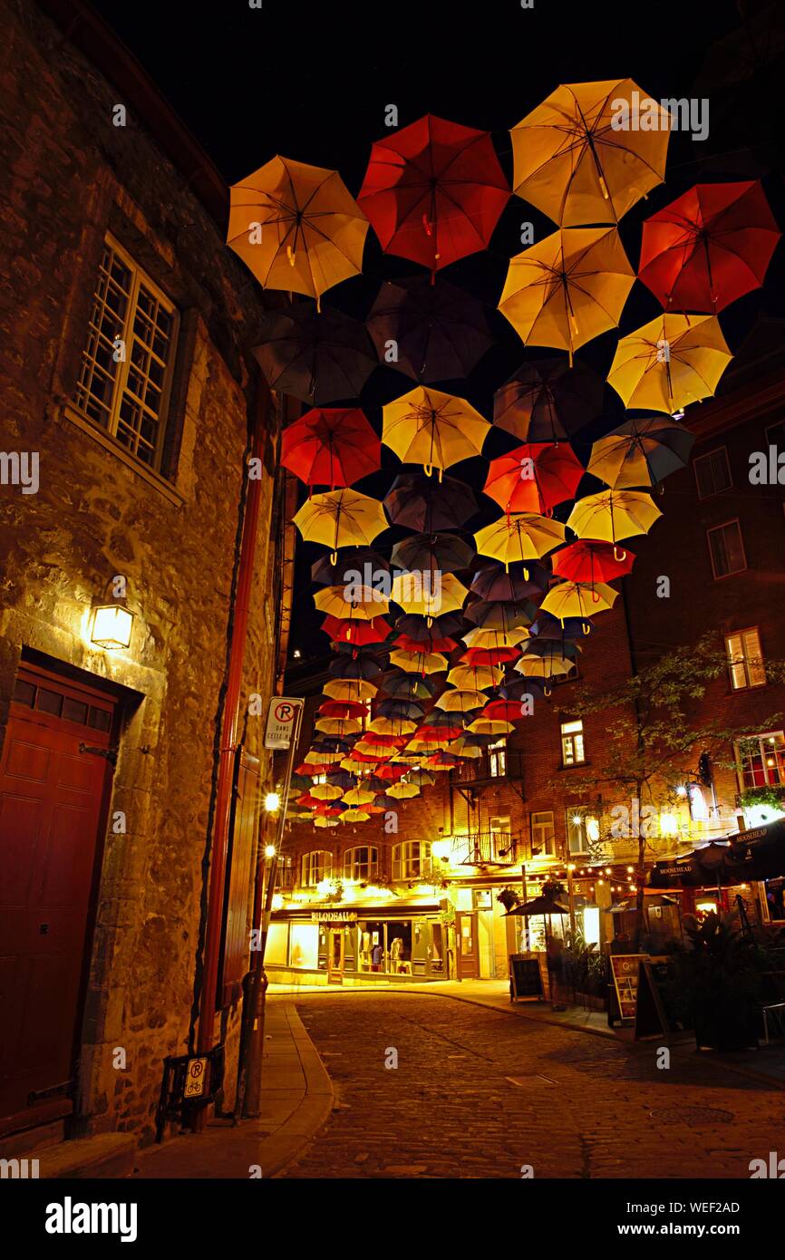 Night image of umbrella alley in Quebec City Stock Photo Alamy