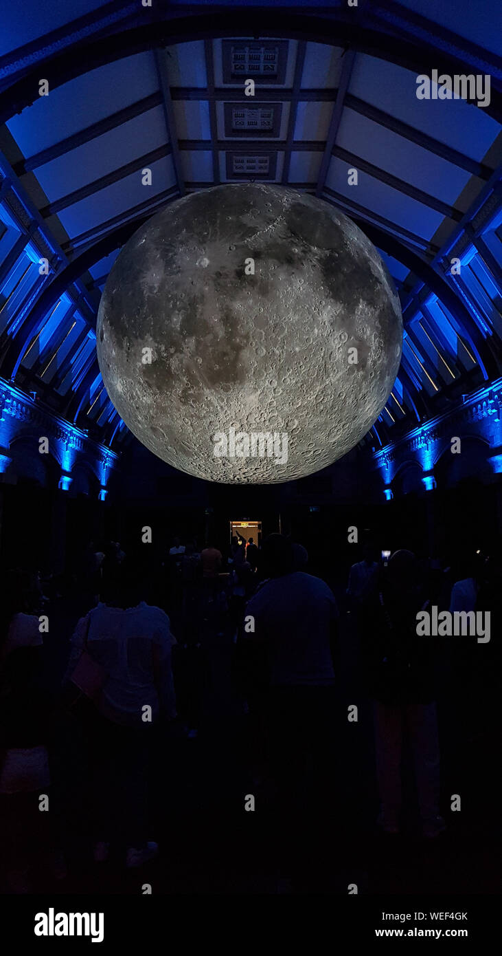Moon model for the 50th anniversary of The first manned mission to land on the Moon, on 20 July 1969 -  Natural History Museum of London. . Seven metr Stock Photo