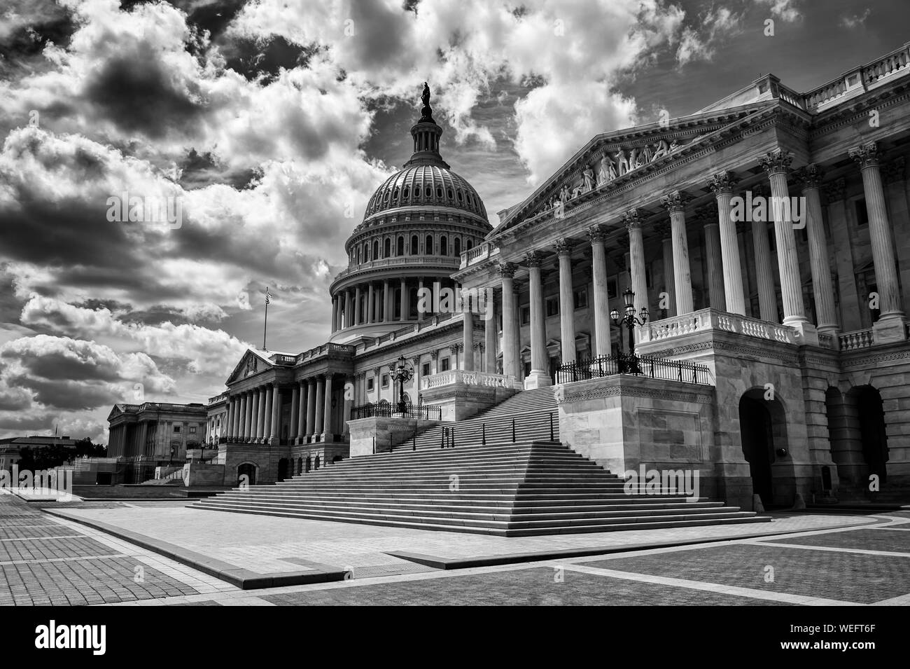 Dark and foreboding black and white view of the US Capitol Building in Washington DC Stock Photo