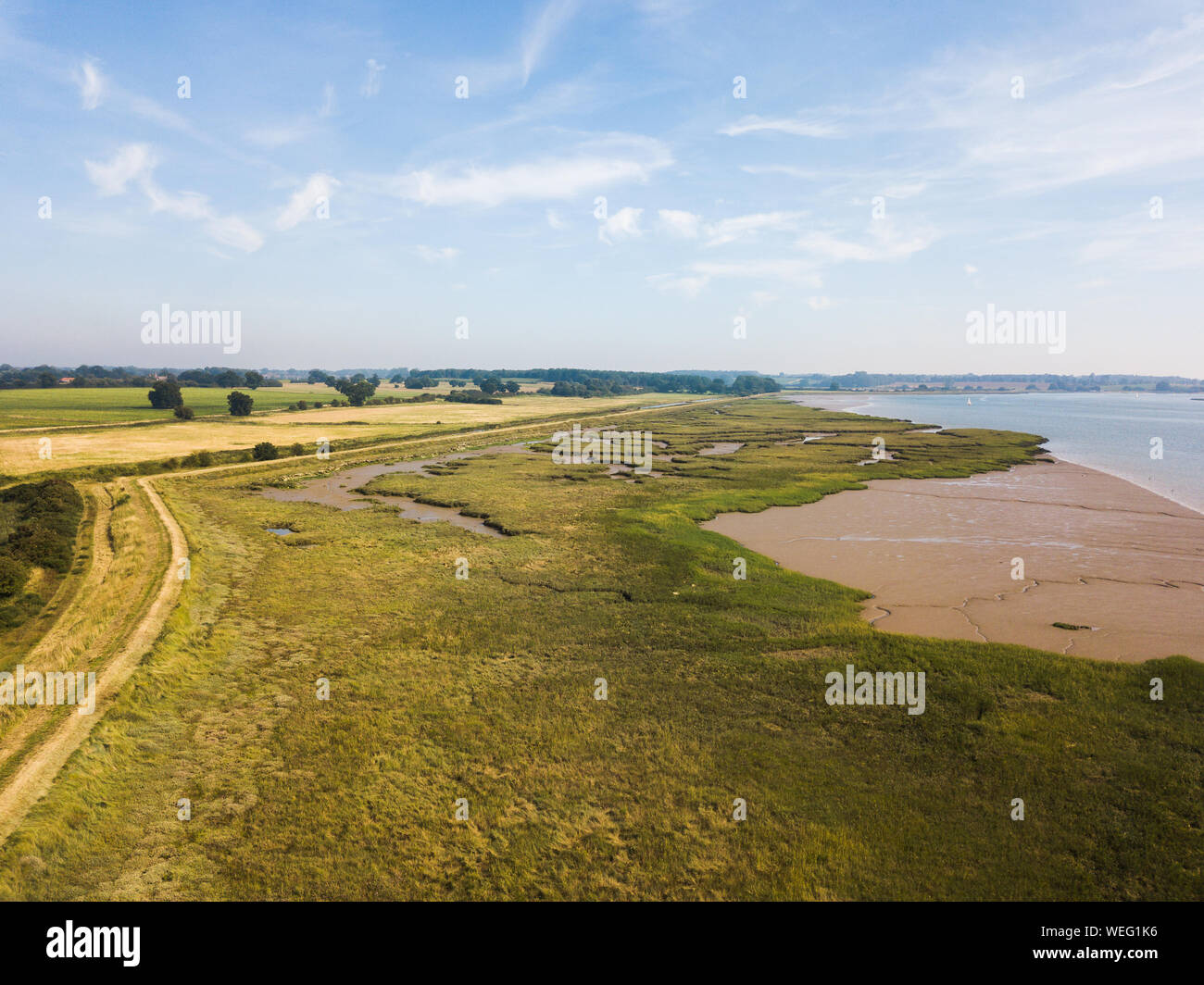 Aerial view of the river Deben and the surrounding marsh land areas