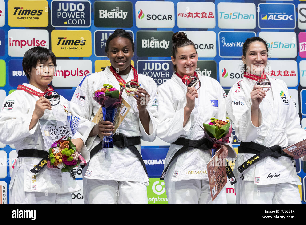 Tokyo, Japan. 30th Aug, 2019. (L to R) Silver medalist Shori Hamada of Japan, gold medalist Madeleine Malonga of France, bronze medalists Loriana Kuka of Kosovo and Mayra Aguiar of Brazil, pose for the cameras during the award ceremony of the women's -78kg category at World Judo Championships Tokyo 2019 in the Nippon Budokan. The World Judo Championships Tokyo 2019 is held from August 25 to September 1st. Credit: Rodrigo Reyes Marin/ZUMA Wire/Alamy Live News Stock Photo