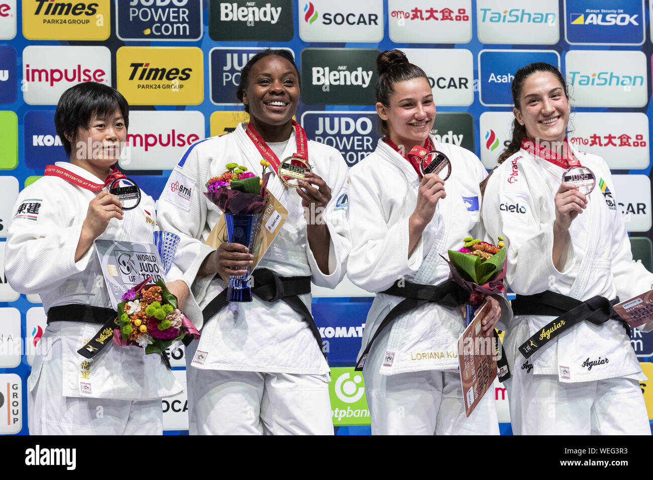 Tokyo, Japan. 30th Aug, 2019. (L to R) Silver medalist Shori Hamada of Japan, gold medalist Madeleine Malonga of France, bronze medalists Loriana Kuka of Kosovo and Mayra Aguiar of Brazil, pose for the cameras during the award ceremony of the women's -78kg category at World Judo Championships Tokyo 2019 in the Nippon Budokan. The World Judo Championships Tokyo 2019 is held from August 25 to September 1st. Credit: Rodrigo Reyes Marin/ZUMA Wire/Alamy Live News Stock Photo