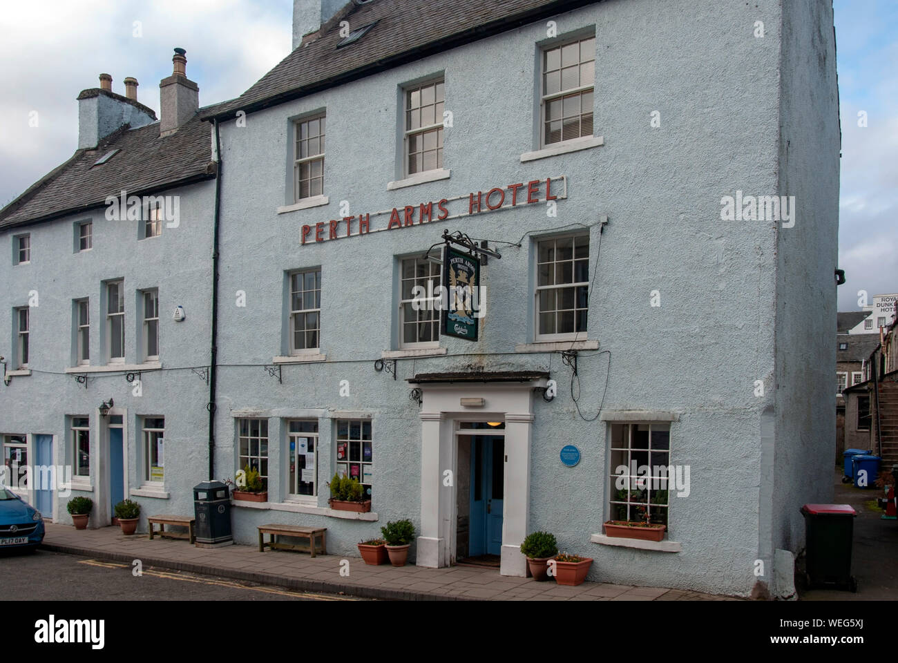 The Perth Arms Hotel High Street Dunkeld Perthshire Scotland United Kingdom exterior view duck egg blue painted accommodation room to let rooming boar Stock Photo