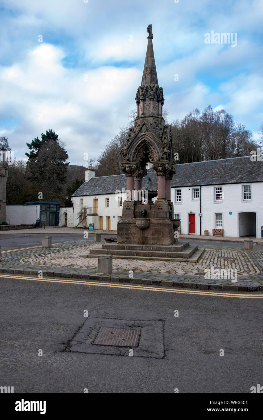 The Atholl Memorial Fountain The Cross High Street Dunkeld Perthshire Scotland United Kingdom view of south southerly face aspect of 1866 Charles Robe Stock Photo