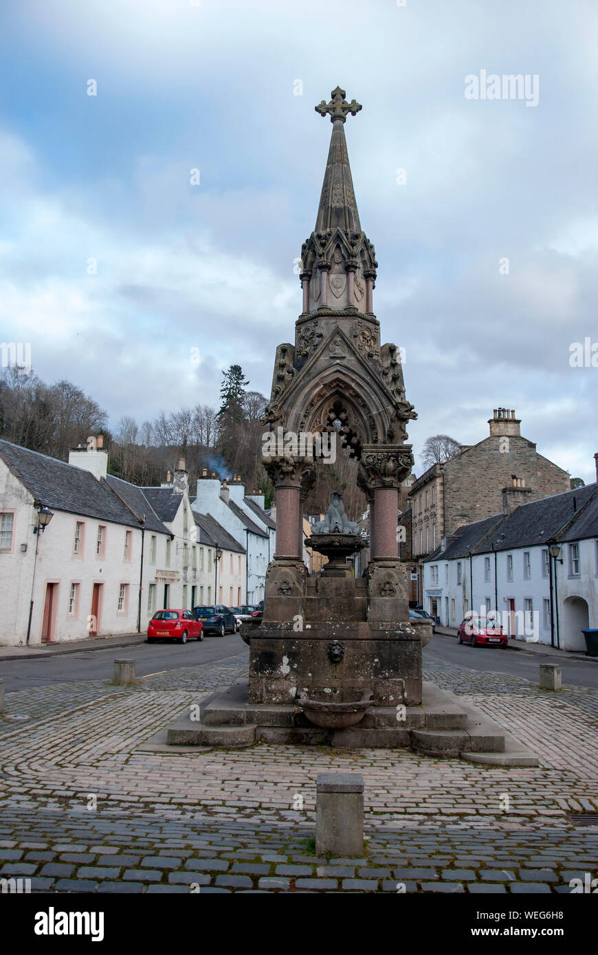 The Atholl Memorial Fountain The Cross High Street Dunkeld Perthshire Scotland United Kingdom view of east easterly face aspect of 1866 Charles Robert Stock Photo