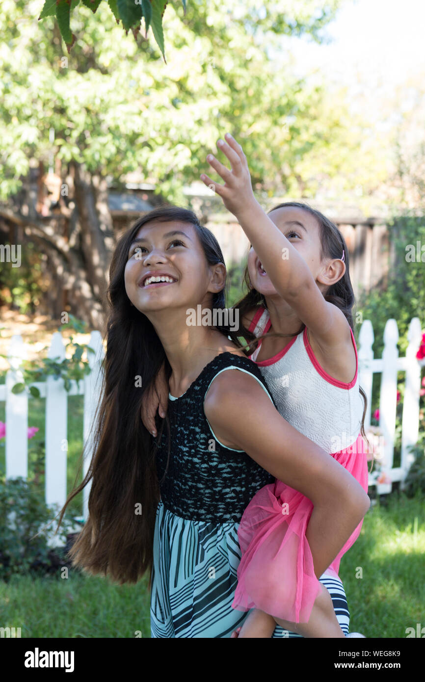 Preteen Asian girl holding younger sister in back yard, San Jose, California Stock Photo