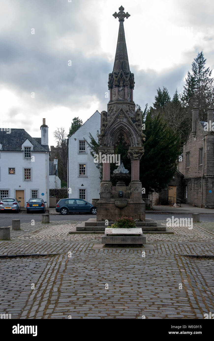 The Atholl Memorial Fountain The Cross High Street Dunkeld Perthshire Scotland United Kingdom view of west westerly western face aspect of 1866 Charle Stock Photo