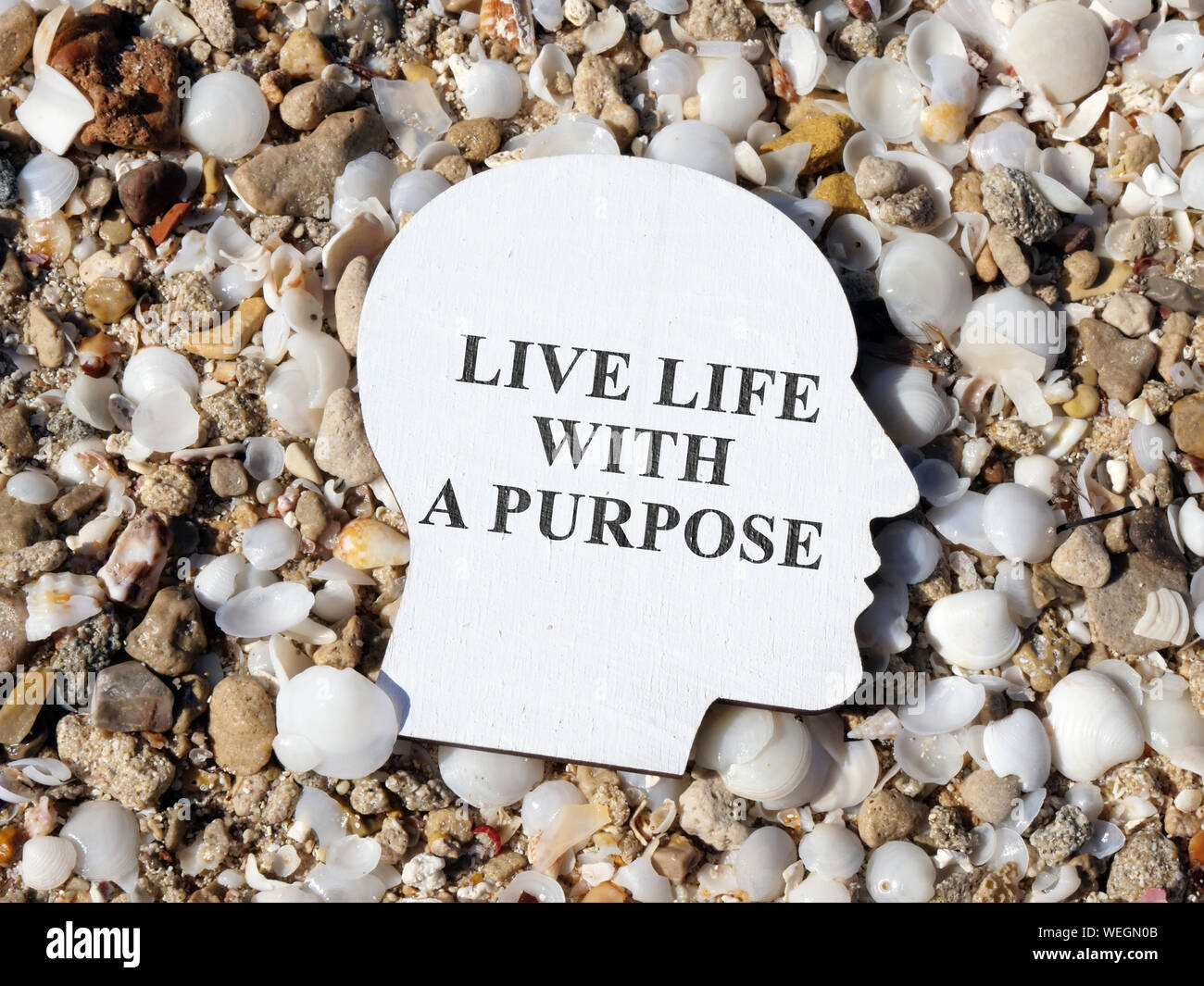 Wooden head with inscription Live life with a purpose. Stock Photo