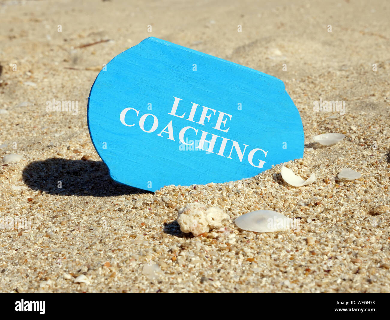 Life coaching sign on a plank in sand. Stock Photo