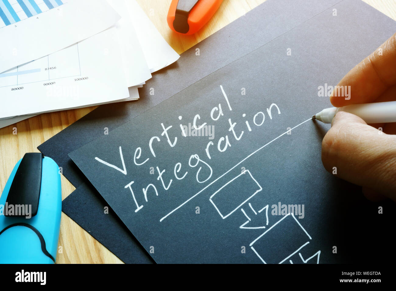 Man is writing about Vertical Integration. Stock Photo
