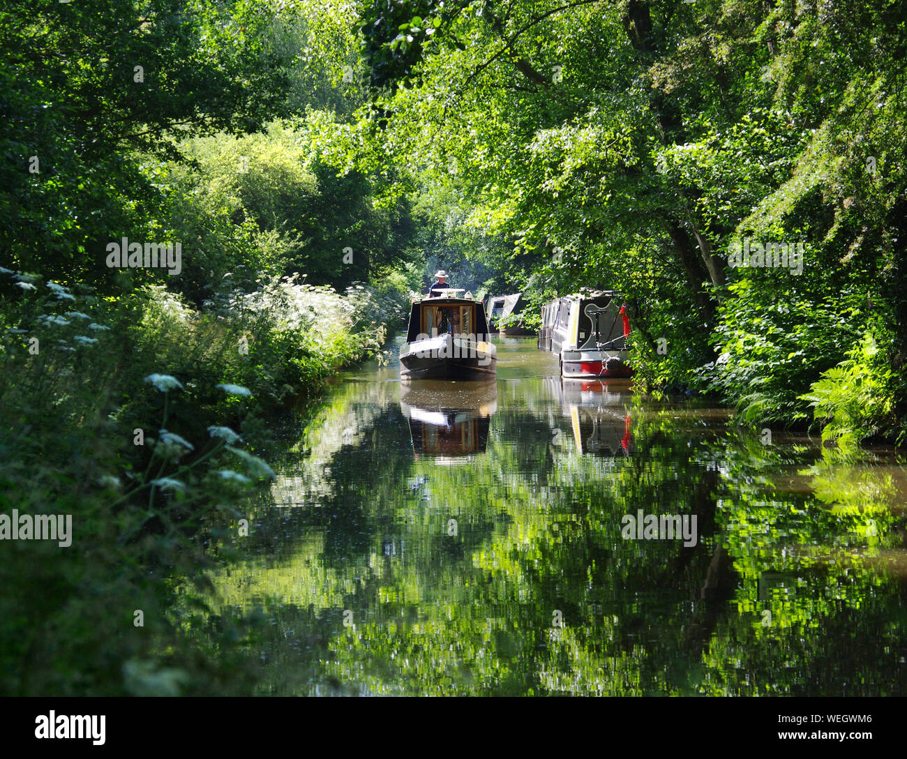 Narrow boat on Caldon Canal Staffordshire England with reflections in summer Stock Photo