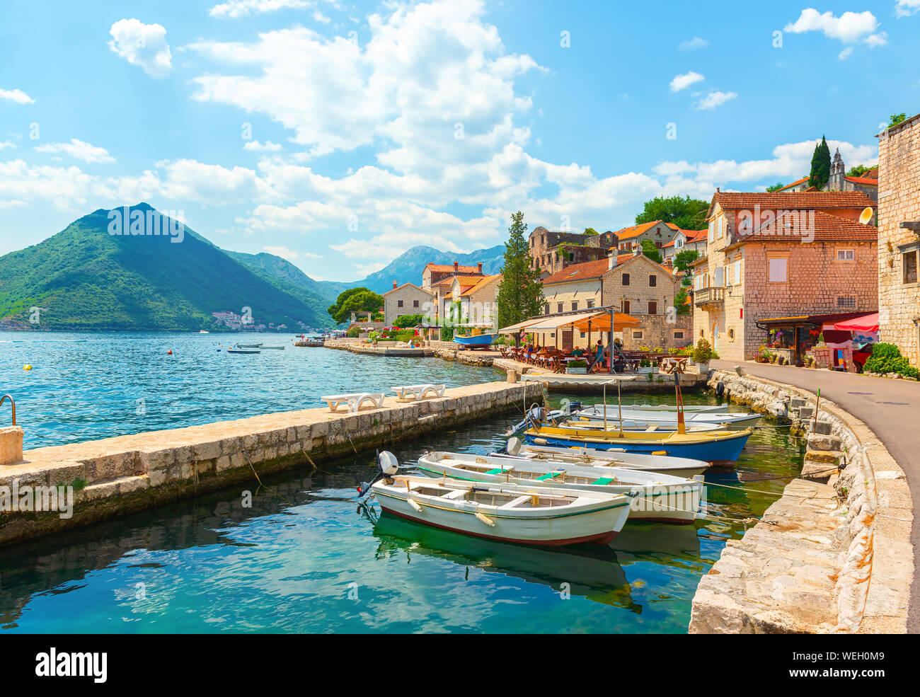 Historic town of Perast at Bay of Kotor in summer, Montenegro Stock Photo