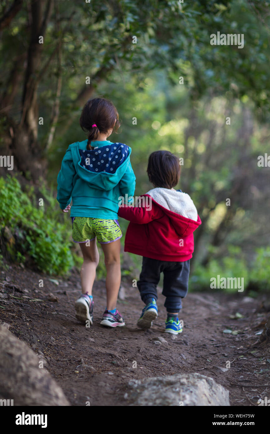 Young sister and brother walking hand in hand on path, San Jose, California Stock Photo