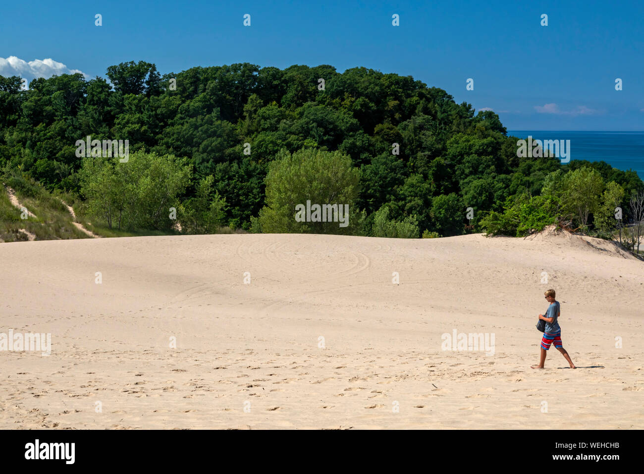 Sawyer, Michigan - Warren Dunes State Park on Lake Michigan. A hiker on Tower Hill. At 236 feet above the lake, Tower Hill is the park's tallest sand Stock Photo