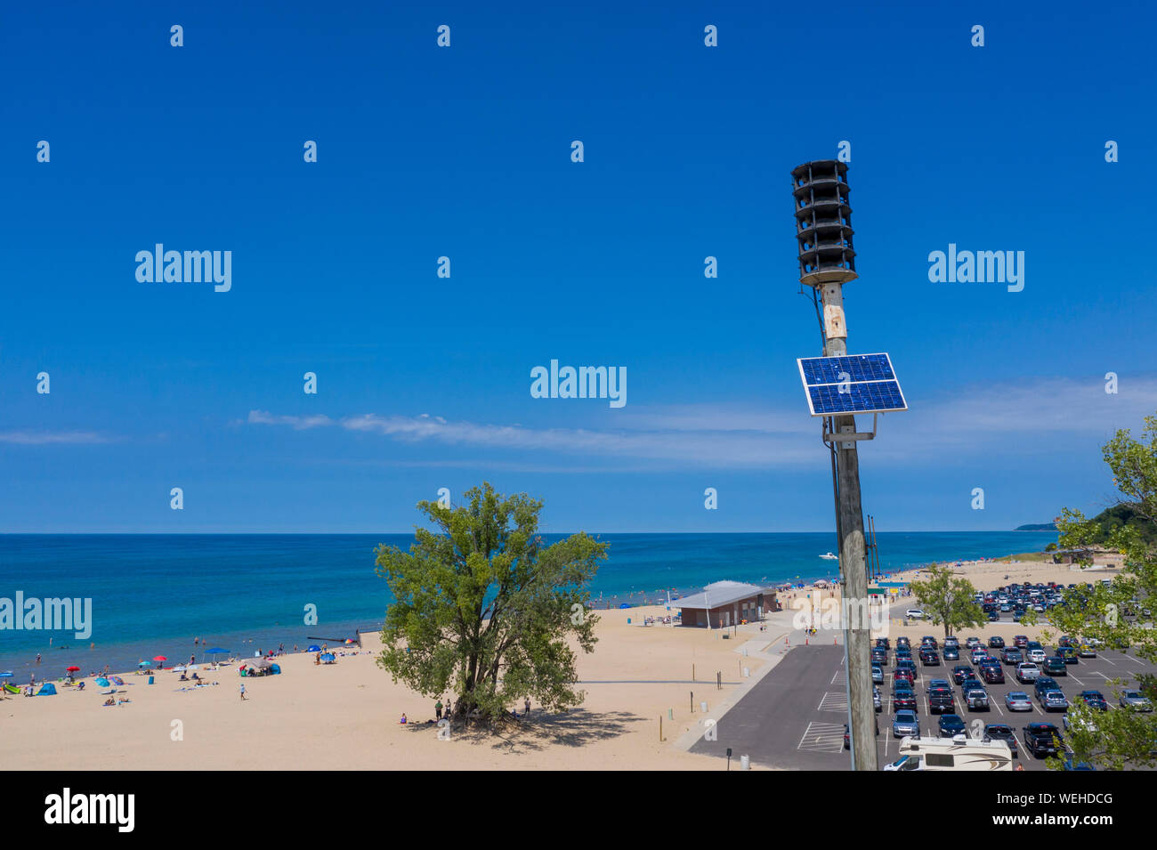 Sawyer, Michigan - An emergency warning siren at Warren Dunes State Park on Lake Michigan. The siren warns of nuclear accidents at the nearby D.C. Coo Stock Photo