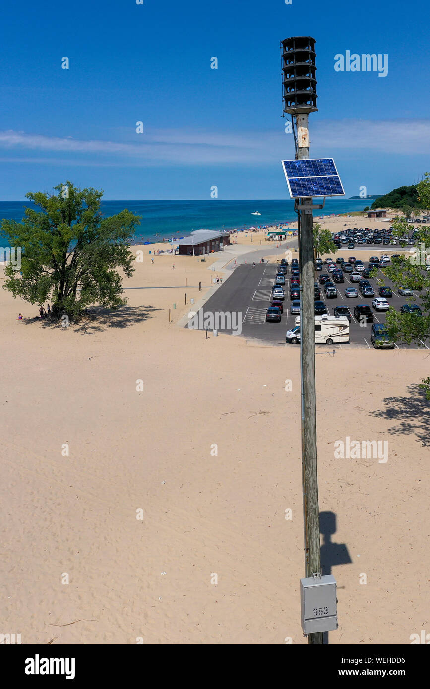 Sawyer, Michigan - An emergency warning siren at Warren Dunes State Park on Lake Michigan. The siren warns of nuclear accidents at the nearby D.C. Coo Stock Photo