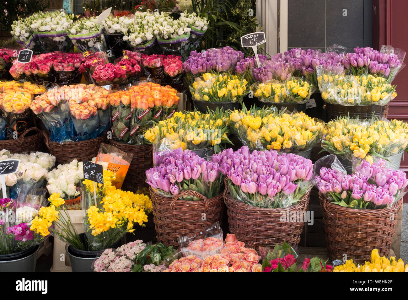 Spring flowers for sale at a flower shop on rue Cler, Paris, France