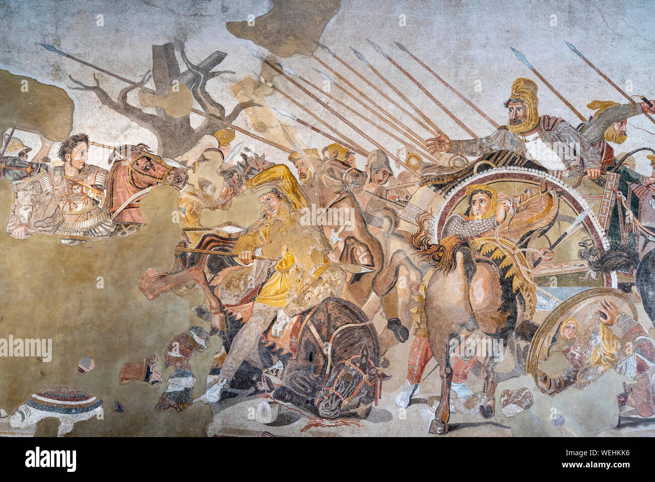 The Alexander the Great Mosaic Depicting the battle between Alexander and Darius III. Originally from the House of the Faun in Pompeii, now at at the Stock Photo