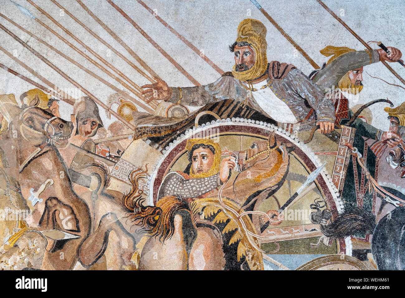 Detail of the Alexander the Great Mosaic depicting Darius the Persian emperor. Originally from the House of the Faun in Pompeii, now at at the Naples Stock Photo