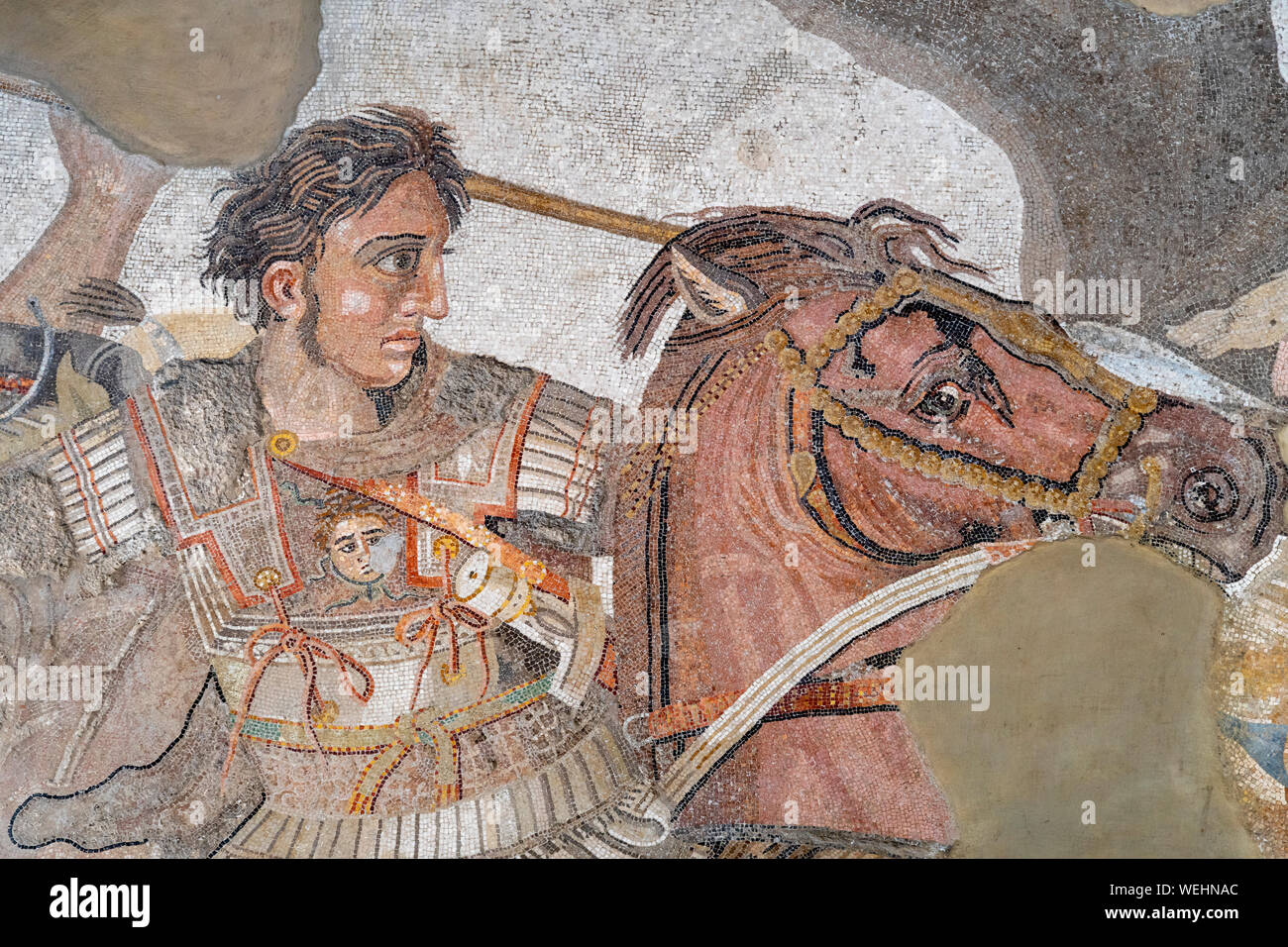 Detail of the Alexander the Great Mosaic depicting Alexander on horseback. Originally from the House of the Faun in Pompeii, now at the Naples Archael Stock Photo