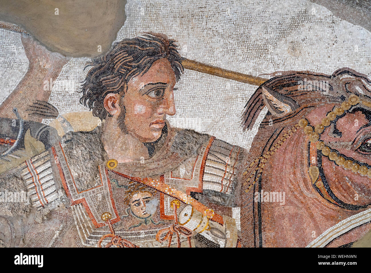 Detail of the Alexander the Great Mosaic depicting Alexander on horseback. Originally from the House of the Faun in Pompeii, now at the Naples Archael Stock Photo