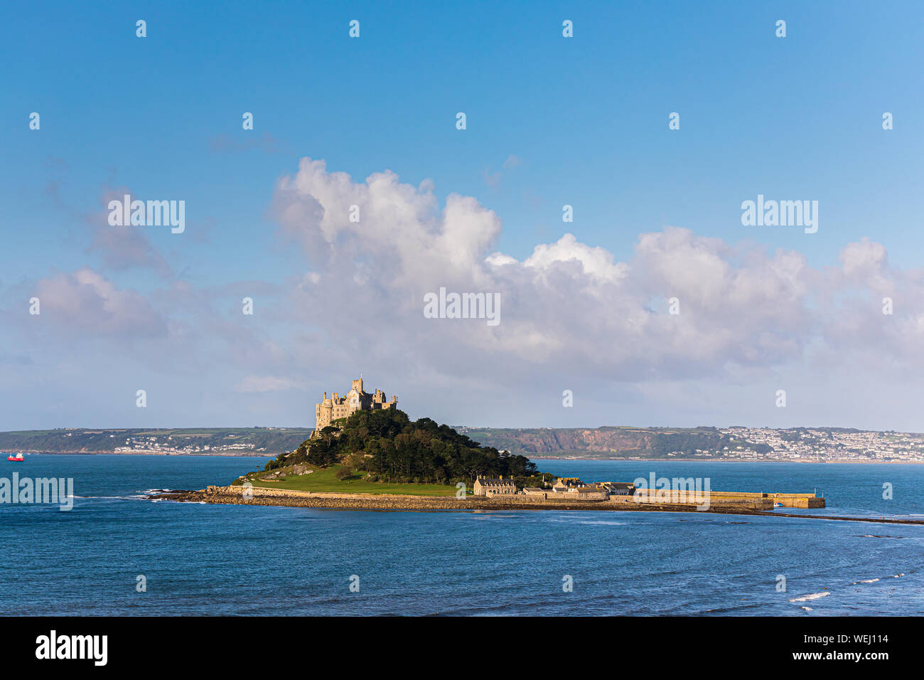St Michael's Mount is a small tidal island in Mount's Bay, Cornwall, England, United Kingdom. Stock Photo