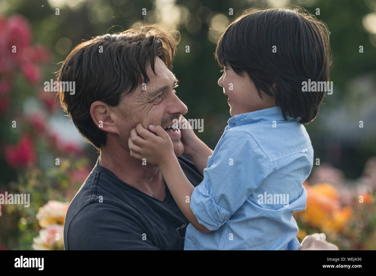 Caucasian father holding mixed ethnic Asian 5-year old son, both happy, San Jose, California Stock Photo