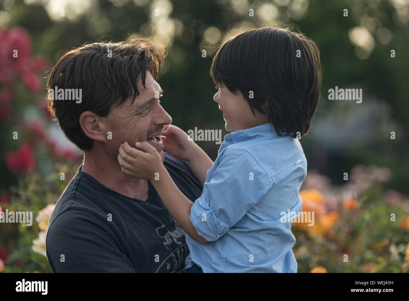Caucasian father holding mixed ethnic Asian 5-year old son, both happy, San Jose, California Stock Photo