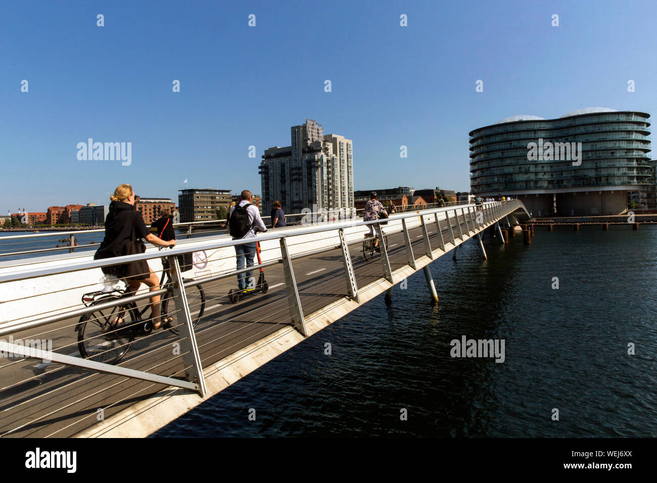 A newly built bridge for bike riders and pedestrians across the southern harbor in order to support CO2 neutral transport and less traffic chaos  in Copenhagen, Denmark. Stock Photo