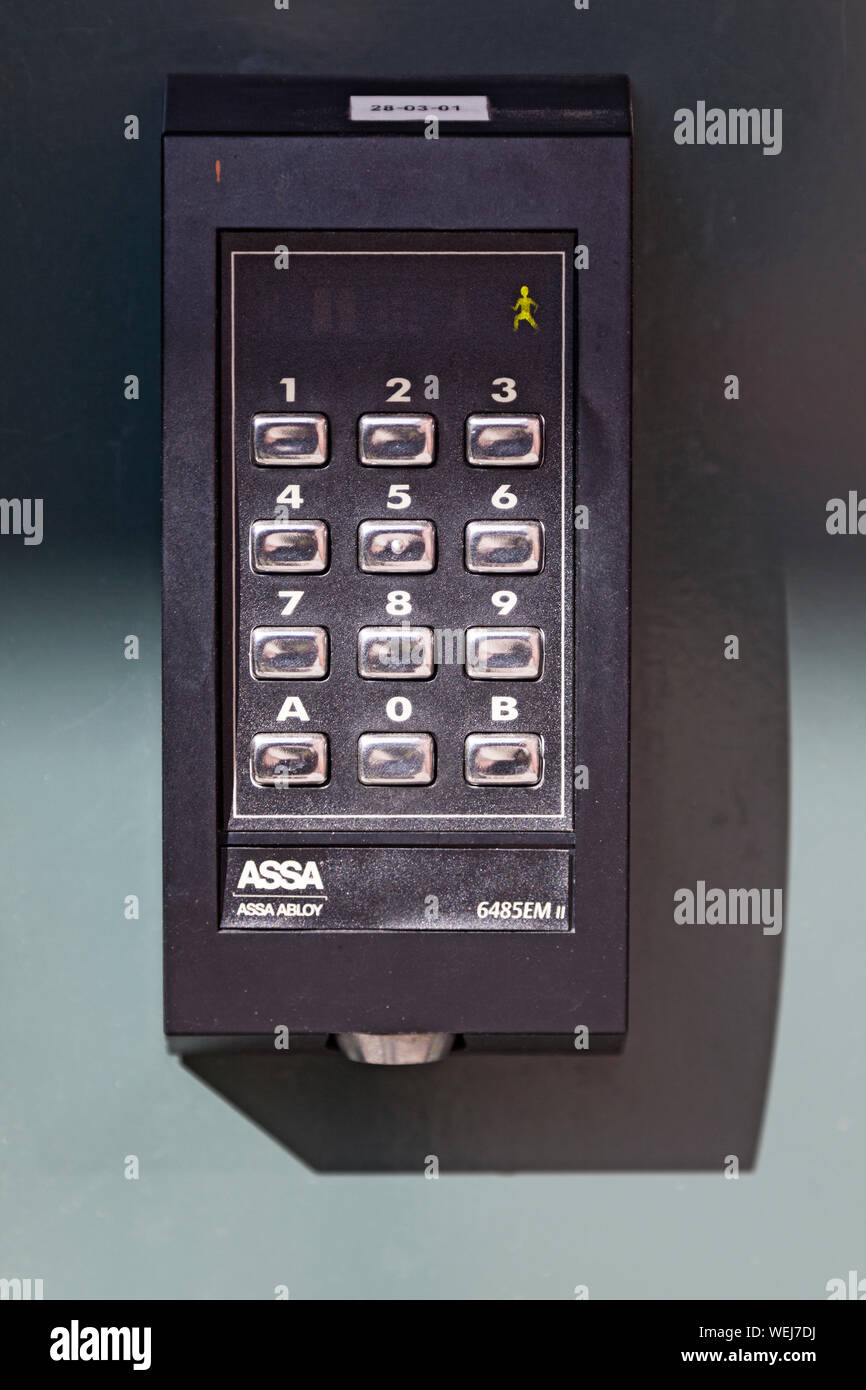 Umea, Sweden - August 10, 2019: advanced code lock with numbers and plastic tag Stock Photo