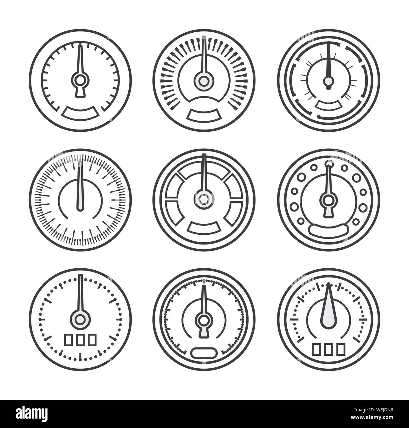 Set of Measuring device drawn by lines, contour and outline style design. Icons for medicine, transport, technology, construction, engineering and Stock Vector