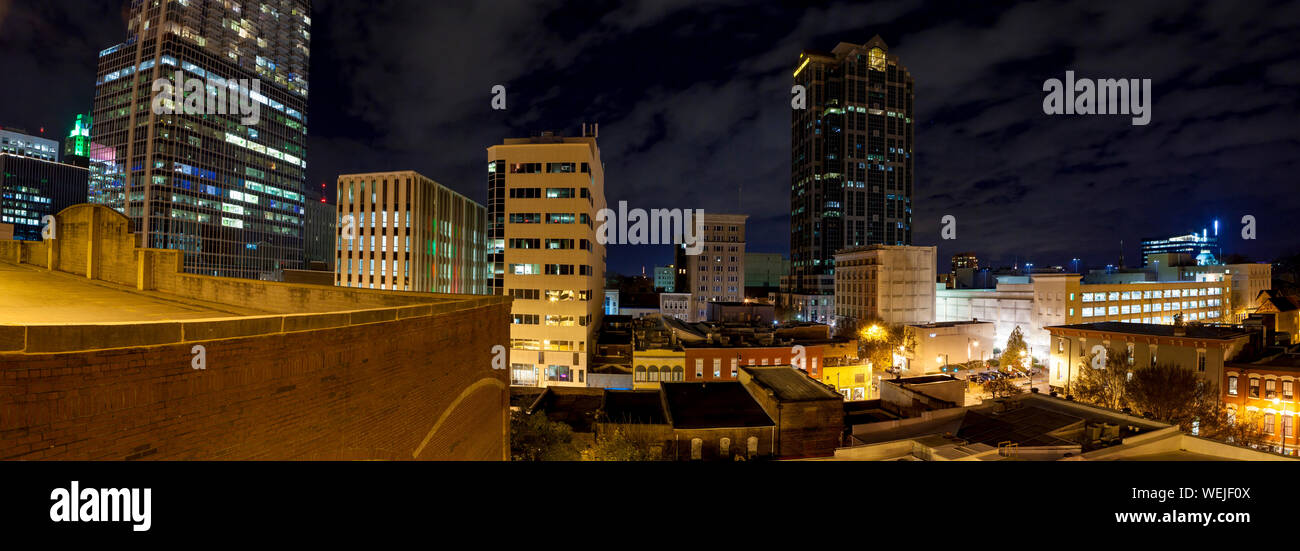 Wide panoramic shot of Raleigh, North Carolina at night Stock Photo