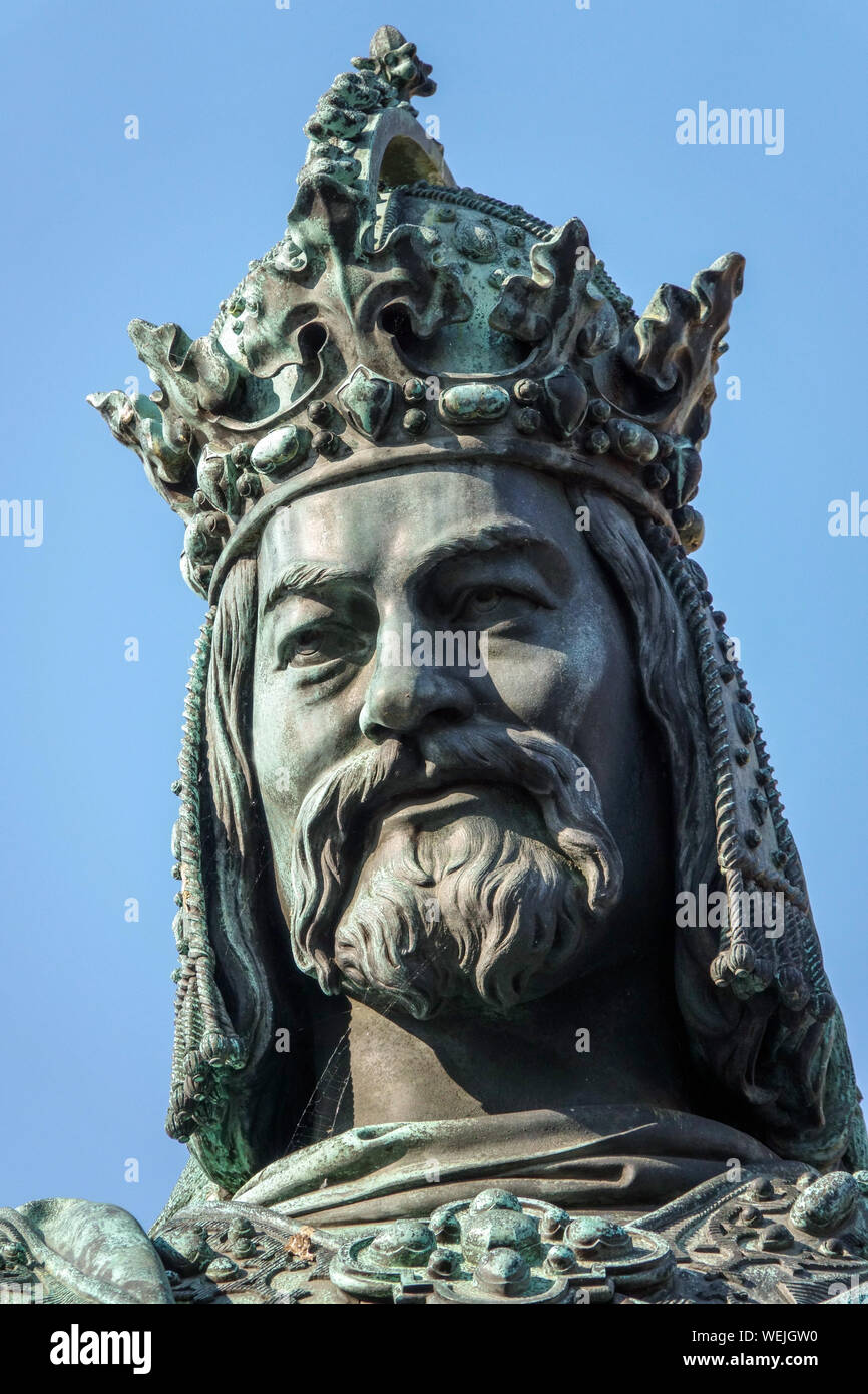 Prague Charles IV portrait (1316-1378) Holy Roman Emperor Statue Face detail European Ruler Founder Charles University Stock Photo