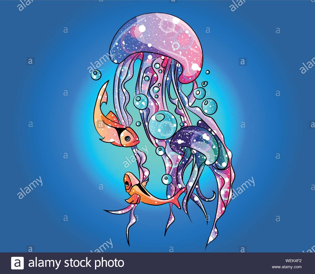 Magic Fantasy Jellyfish Swimming In The Ocean With Fishes