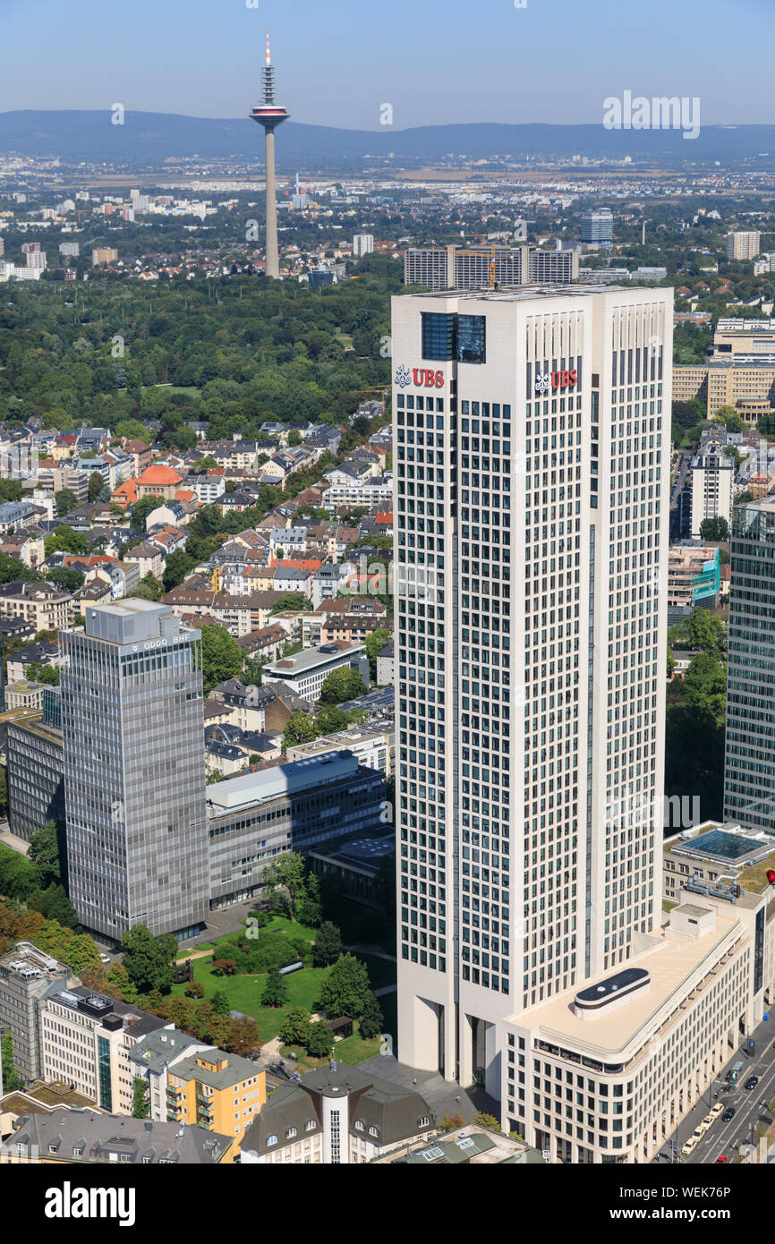 Opera tower, the Opernturm and UBS Swiss Bank European headquarters exterior, Frankfurt, Hesse, Germany Stock Photo