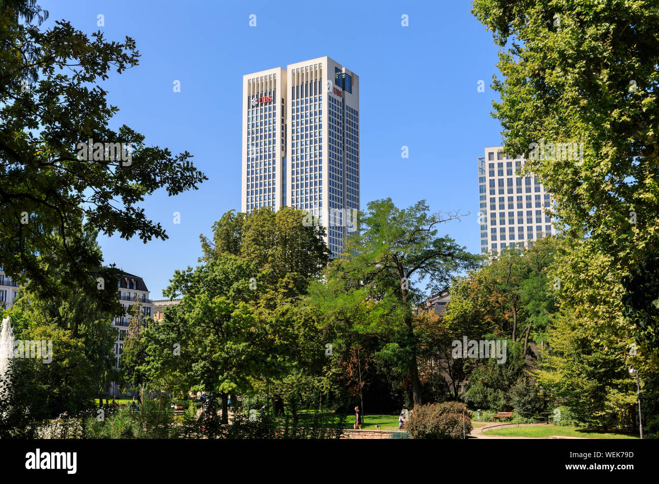 Opera tower, the Opernturm and UBS Swiss Bank European headquarters, exterior high view, Frankfurt, Germany Stock Photo